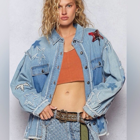 POL NWT 🐈 Jacket Denim Star Patch Details Pockets size Small - Large - Picture 2 of 3